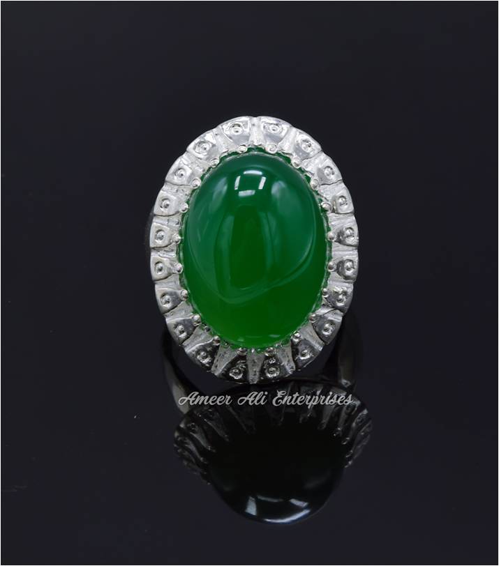 AAE 6816 CHANDI RING 925, STONE: Green Aqeeq