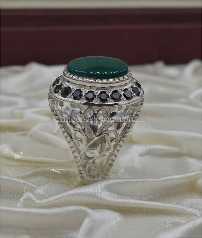 AAE 6692 Chandi Ring 925, Stone: Green Aqeeq