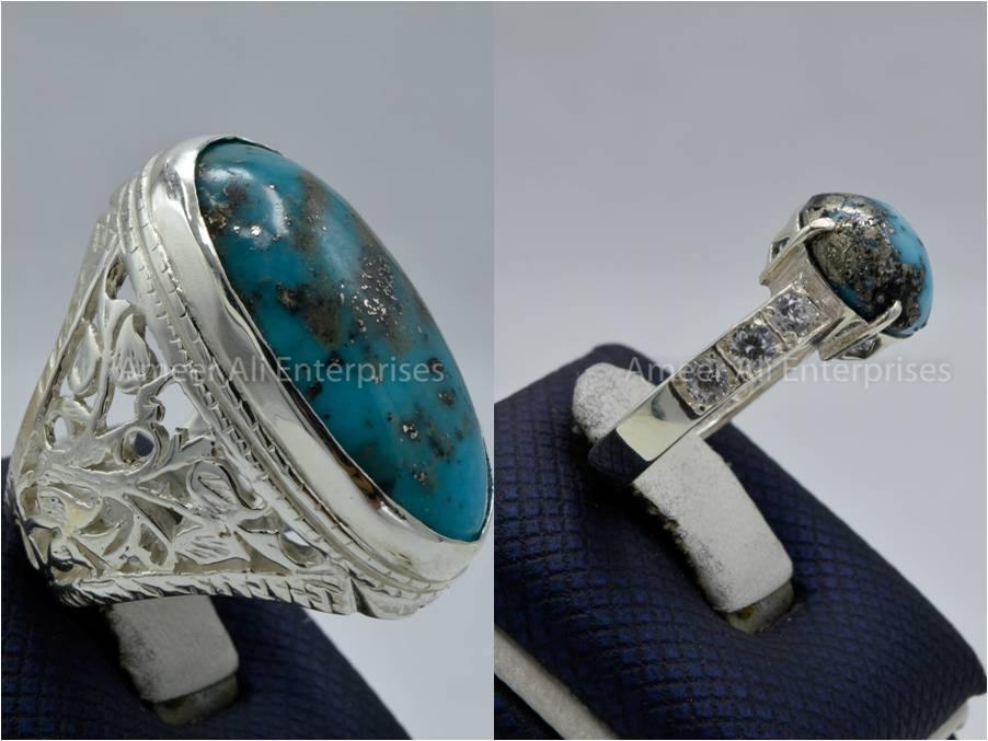 Silver Couple Rings: Pair 122, Stone: Shajri Feroza - AmeerAliEnterprises