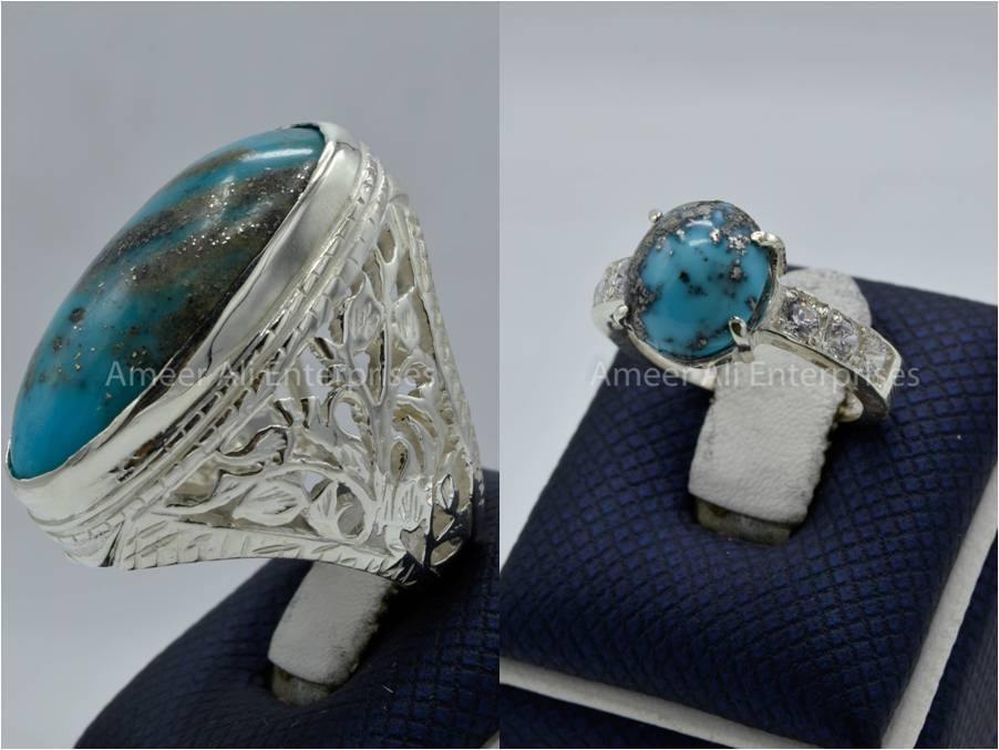 Silver Couple Rings: Pair 122, Stone: Shajri Feroza - AmeerAliEnterprises