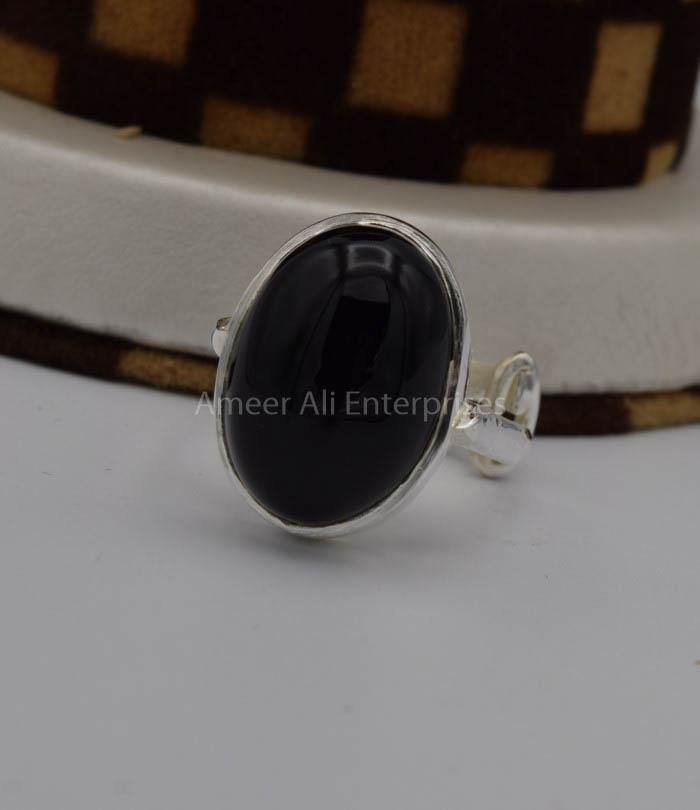 AAE 7435 Chandi Ring 925, Stone: Black Aqeeq - AmeerAliEnterprises