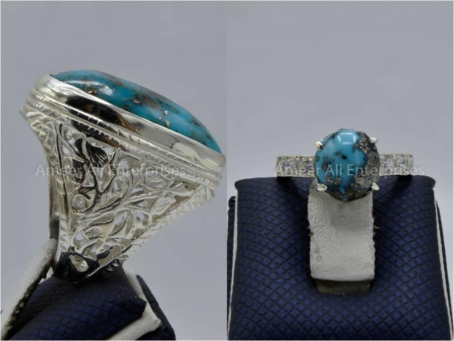 Silver Couple Rings: Pair 122, Stone: Shajri Feroza - AmeerAliEnterprises