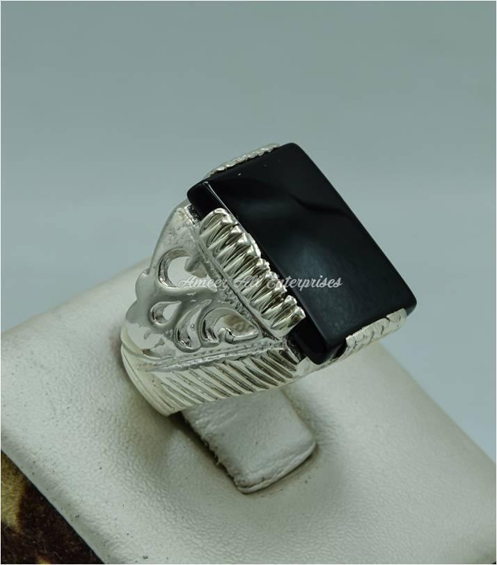 AAE 9901 Chandi Ring 925, Stone: Black Aqeeq - AmeerAliEnterprises