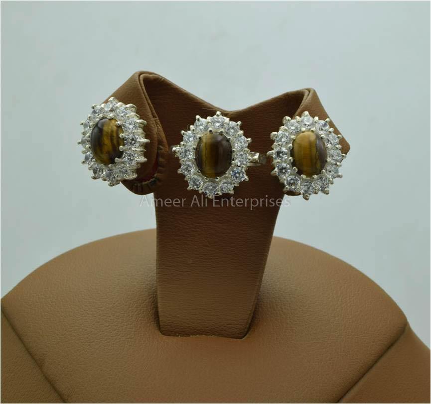 AAE 5777 Chandi Set 925, Stone: Tiger's Eye - AmeerAliEnterprises