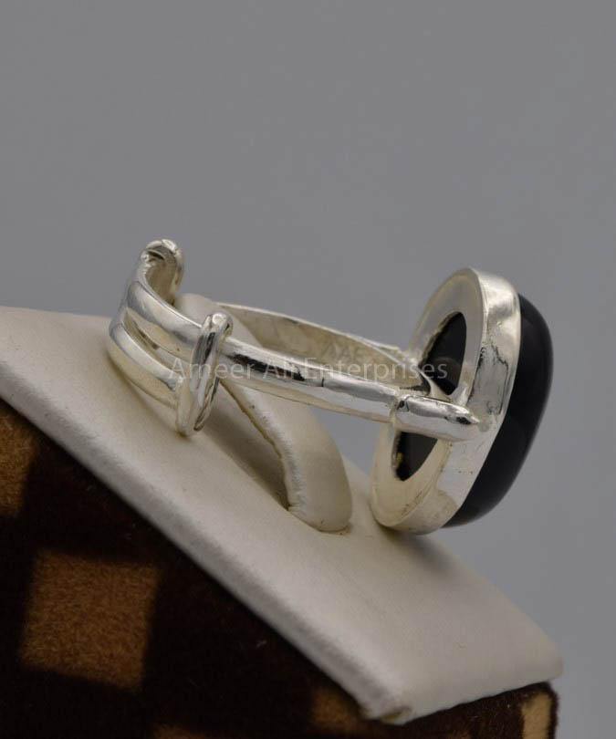 AAE 7435 Chandi Ring 925, Stone: Black Aqeeq - AmeerAliEnterprises