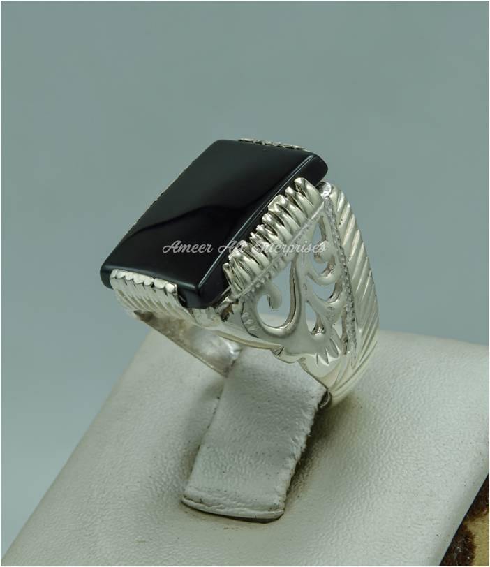 AAE 9901 Chandi Ring 925, Stone: Black Aqeeq - AmeerAliEnterprises