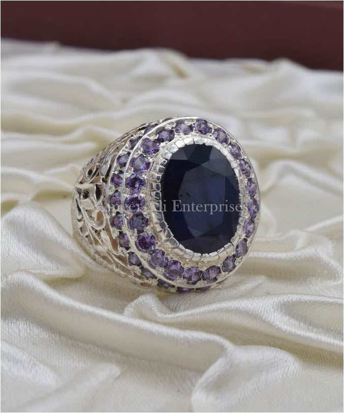 AAE 3670 Chandi Ring 925, Stone: Blue Sapphire (Neelam)