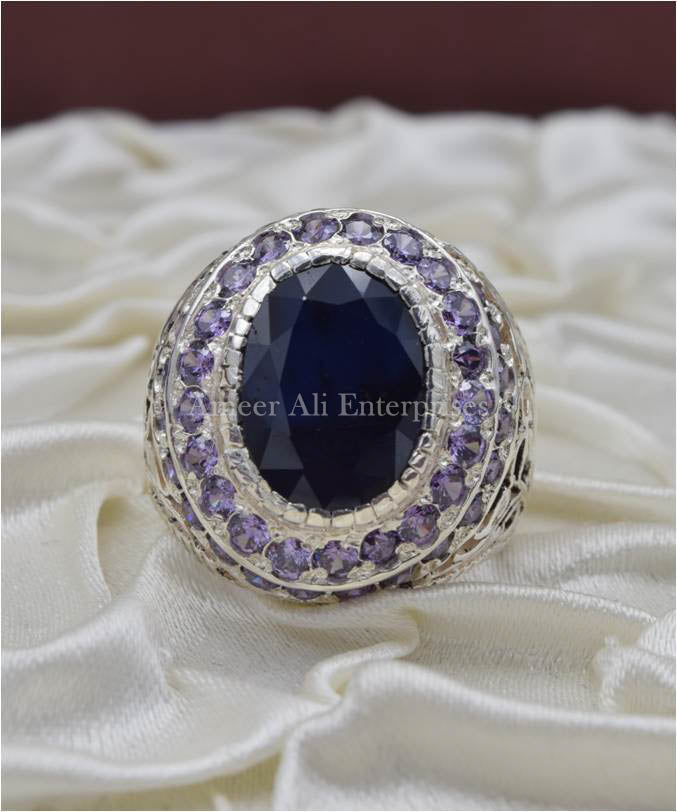 AAE 3670 Chandi Ring 925, Stone: Blue Sapphire (Neelam)