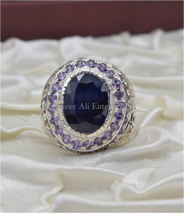 AAE 3670 Chandi Ring 925, Stone: Blue Sapphire (Neelam)