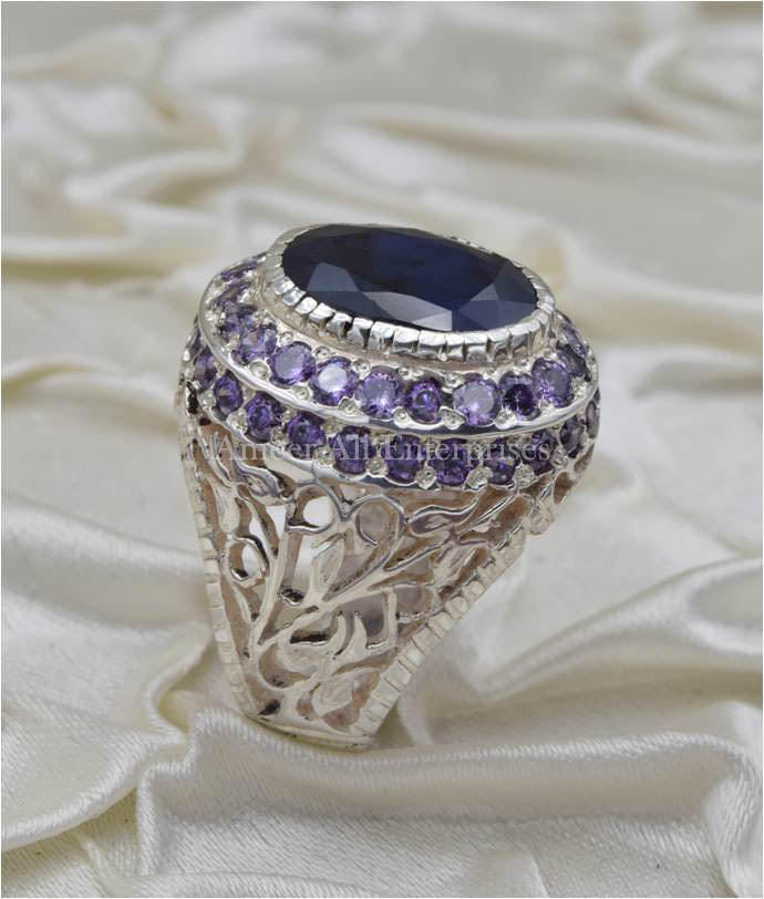 AAE 3670 Chandi Ring 925, Stone: Blue Sapphire (Neelam)