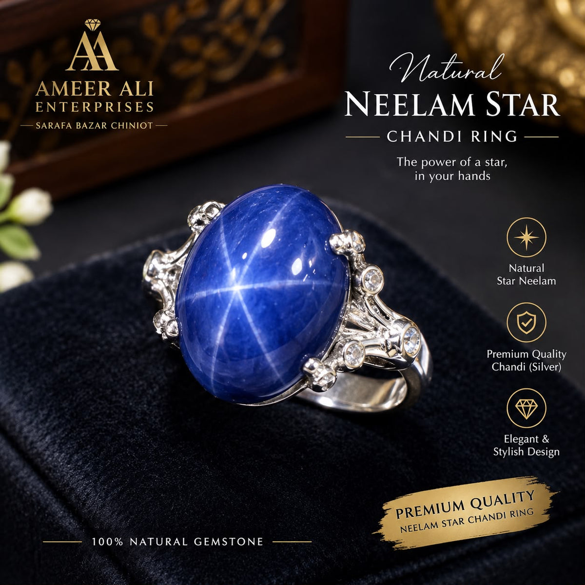 AAE 7781 Chandi Ring 925, Stone: Neelam Star