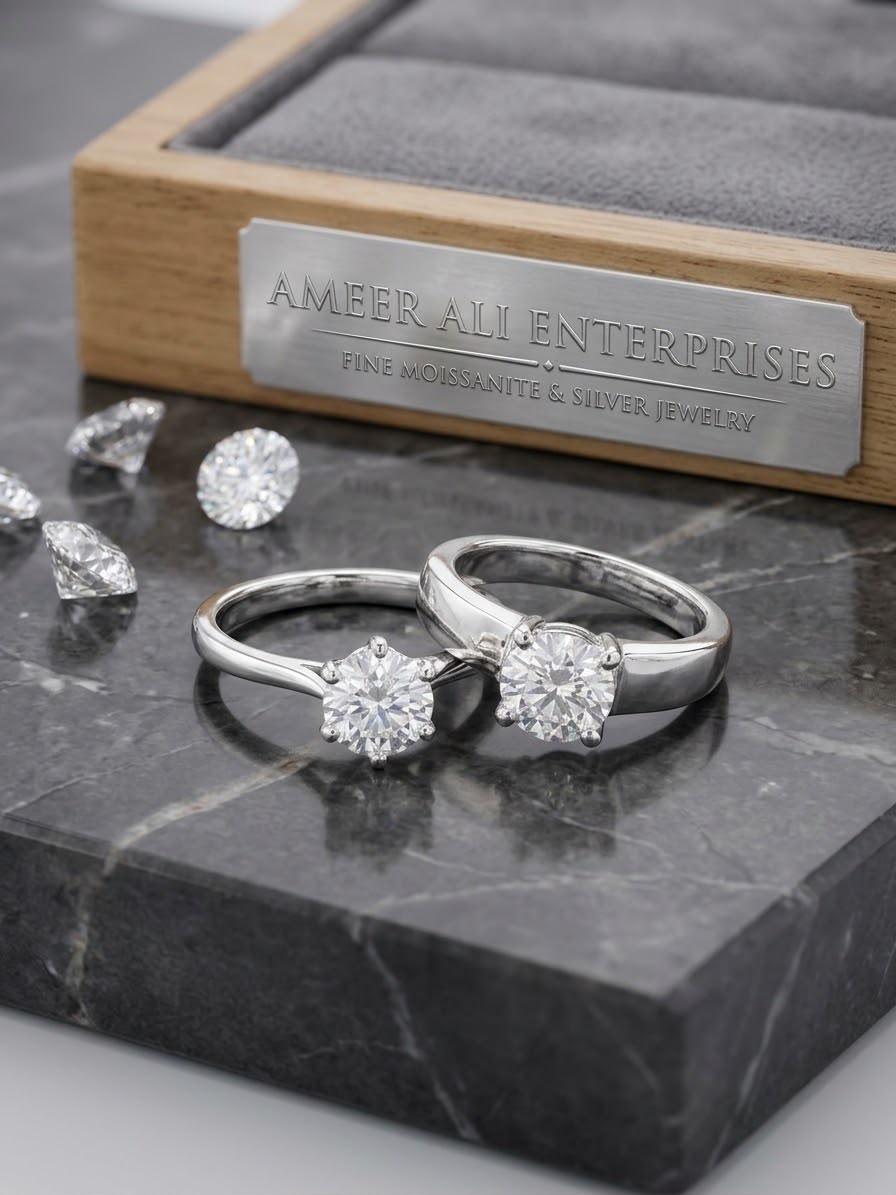 Silver Couple Rings: Pair 001 Stone: Moissanite Engagement Rings