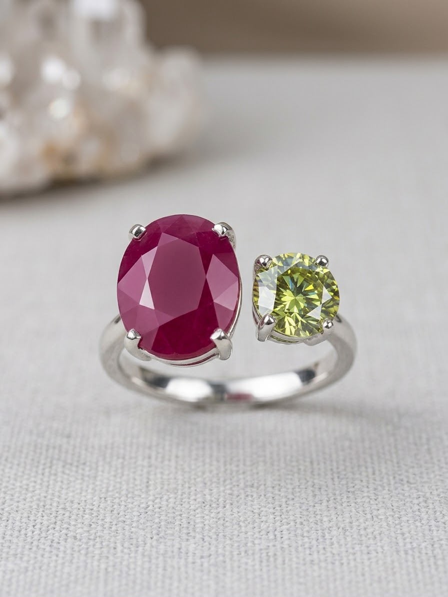 AAE 7784 Chandi Ring 925, Stone: Ruby (Yaqoot) & Green Moissanite