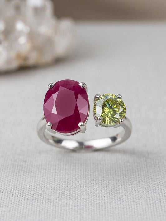 AAE 7784 Chandi Ring 925, Stone: Ruby (Yaqoot) & Green Moissanite
