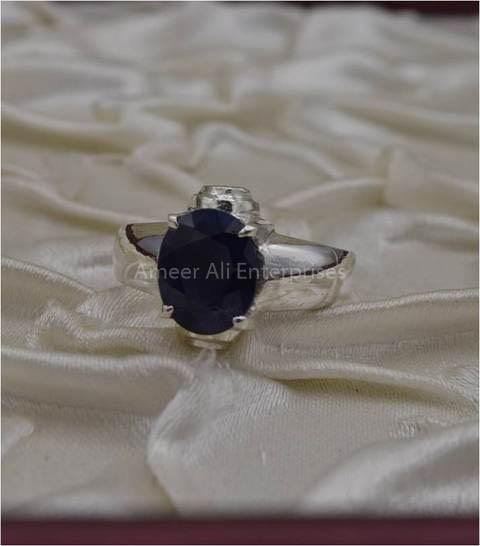 AAE 3411 Chandi Ring 925, Stone: Blue Sapphire (Neelam) - AmeerAliEnterprises