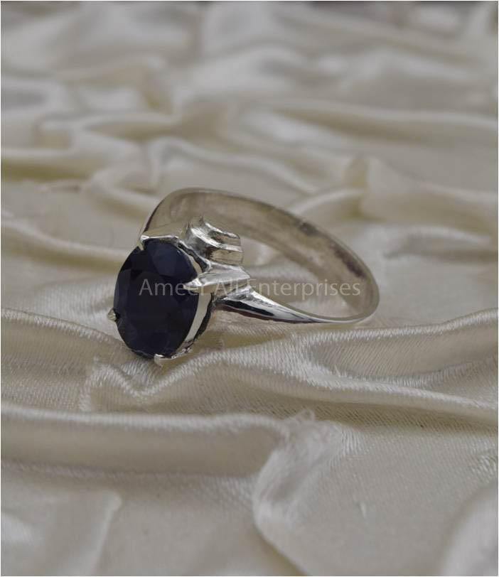 AAE 3411 Chandi Ring 925, Stone: Blue Sapphire (Neelam) - AmeerAliEnterprises