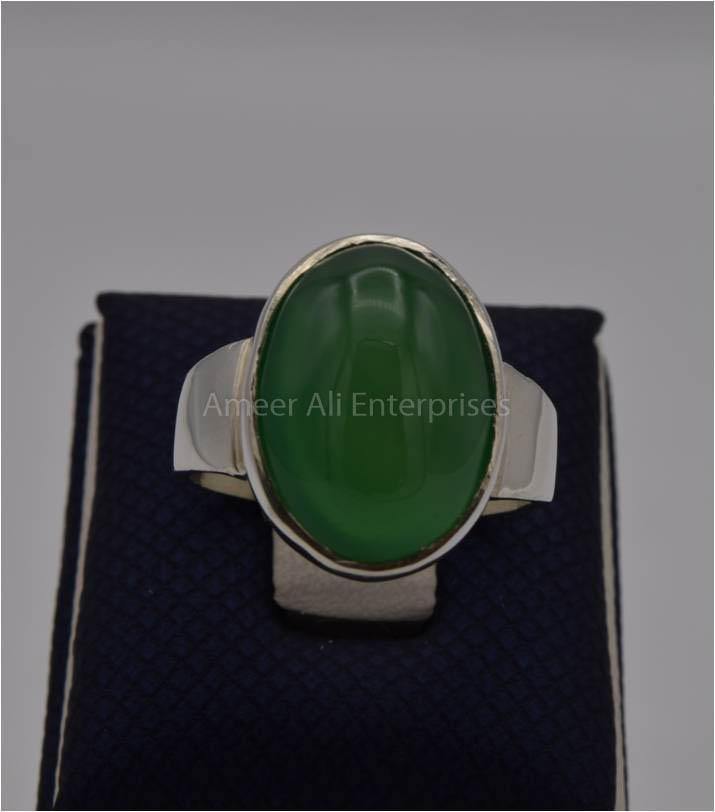 AAE 3121 Chandi Ring 925, Stone: Green Aqeeq - AmeerAliEnterprises