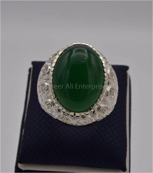 AAE 3112 Chandi Ring 925, Stone: Green Aqeeq - AmeerAliEnterprises