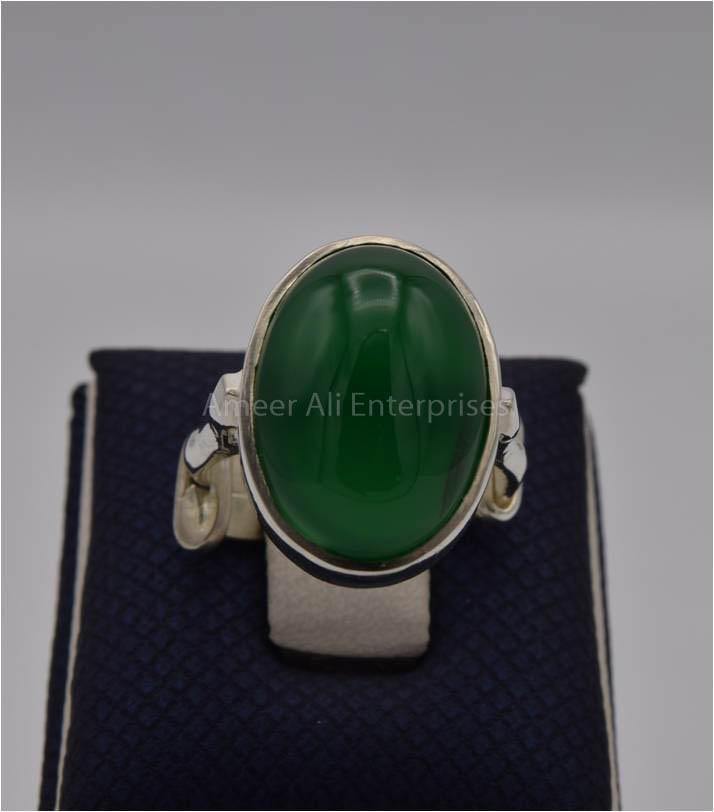 AAE 3113 Chandi Ring 925, Stone: Green Aqeeq - AmeerAliEnterprises