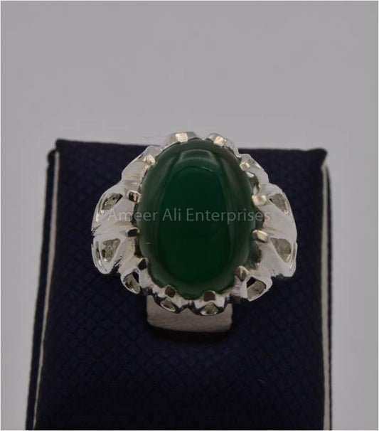 AAE 3114 Chandi Ring 925, Stone: Green Aqeeq - AmeerAliEnterprises