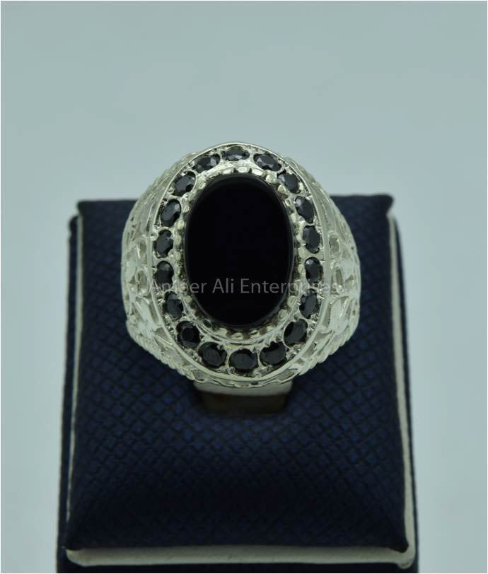 AAE 6679 Chandi Ring 925, Stone: Black Aqeeq