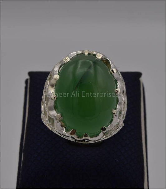 AAE 3115 Chandi Ring 925, Stone: Green Aqeeq - AmeerAliEnterprises