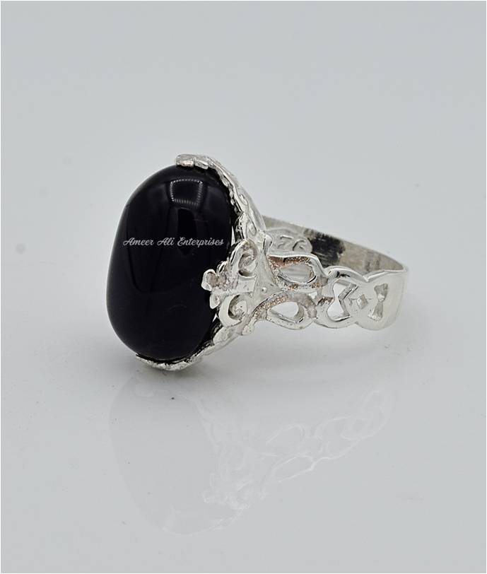 AAE 6592 Chandi Ring 925, Stone: Black Aqeeq