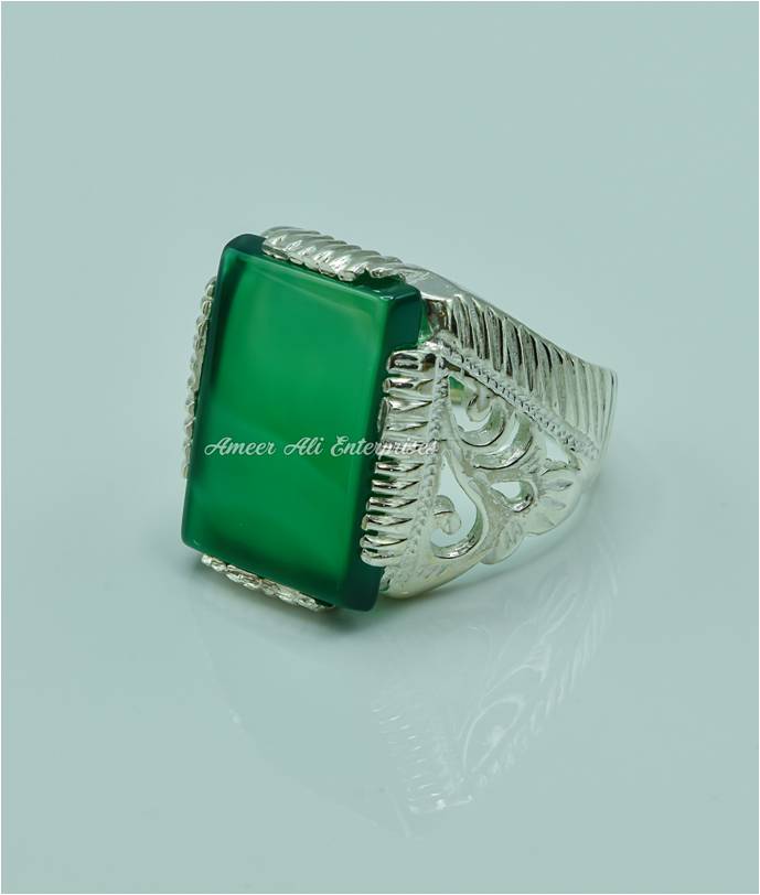 AAE 6764 Chandi Ring 925, Stone: Green Aqeeq
