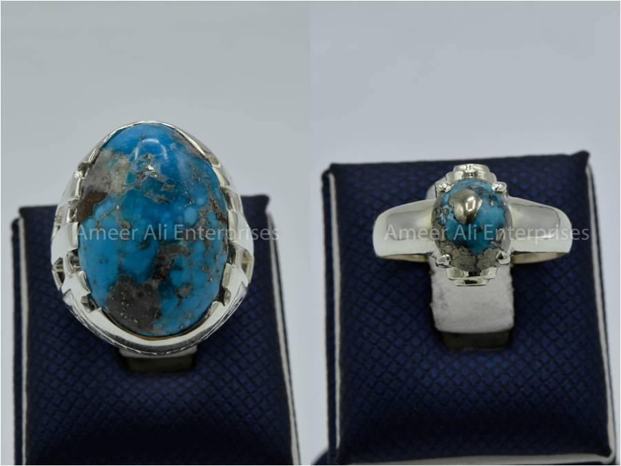 Silver Couple Rings: Pair 121,  Stone: Shajri Feroza - AmeerAliEnterprises