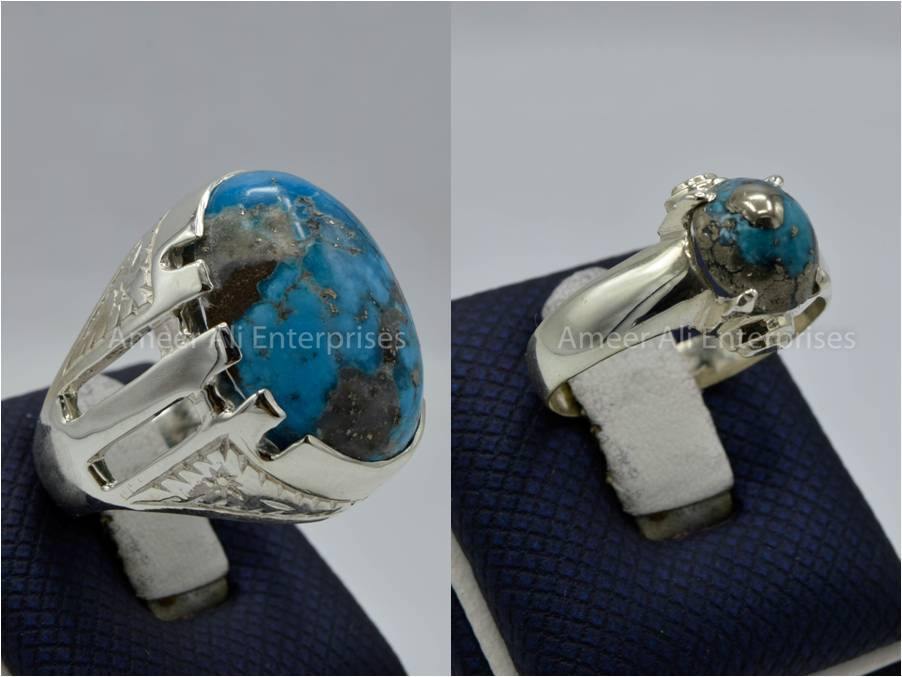 Silver Couple Rings: Pair 121,  Stone: Shajri Feroza - AmeerAliEnterprises