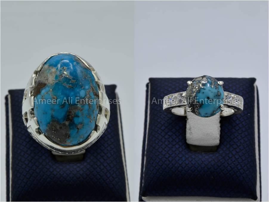 Silver Couple Rings: Pair 120,  Stone: Shajri Feroza - AmeerAliEnterprises