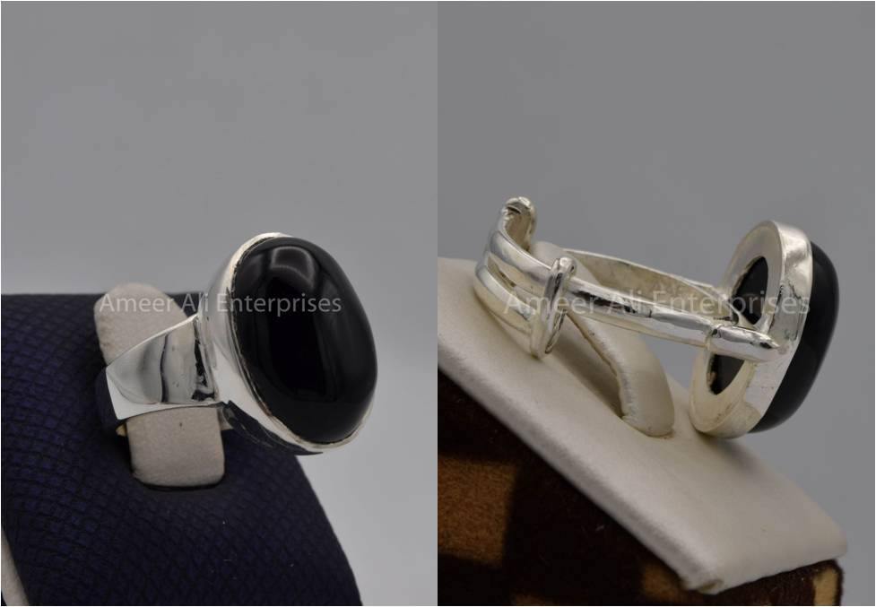 Silver Couple Rings: Pair 19,  Stone: Black Aqeeq (Agate) - AmeerAliEnterprises