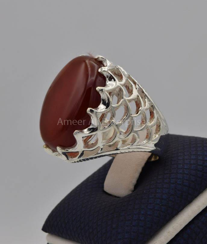 AAE 9102 Chandi Ring 925, Stone: Yamni Aqeeq - AmeerAliEnterprises