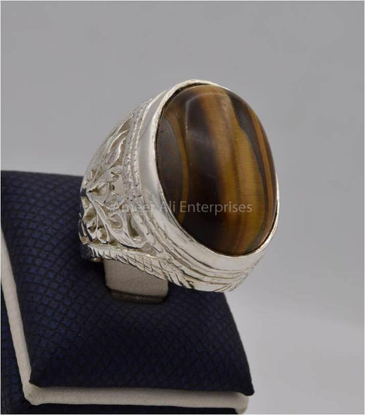 AAE 5566 Chandi Ring 925, Stone: Tiger's Eye - AmeerAliEnterprises