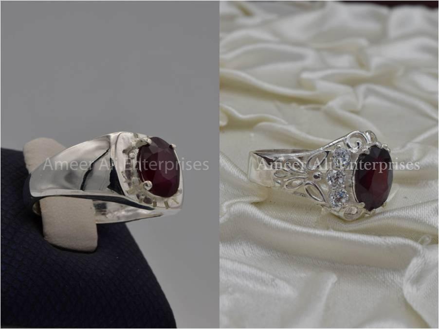 Silver Couple Rings: Pair 70, Stone: Ruby (Yaqoot) - AmeerAliEnterprises