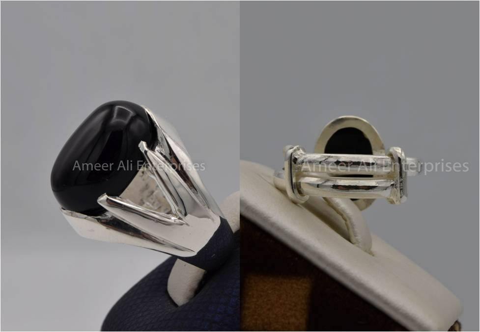 Silver Couple Rings: Pair 31,  Stone: Black Aqeeq (Agate) - AmeerAliEnterprises