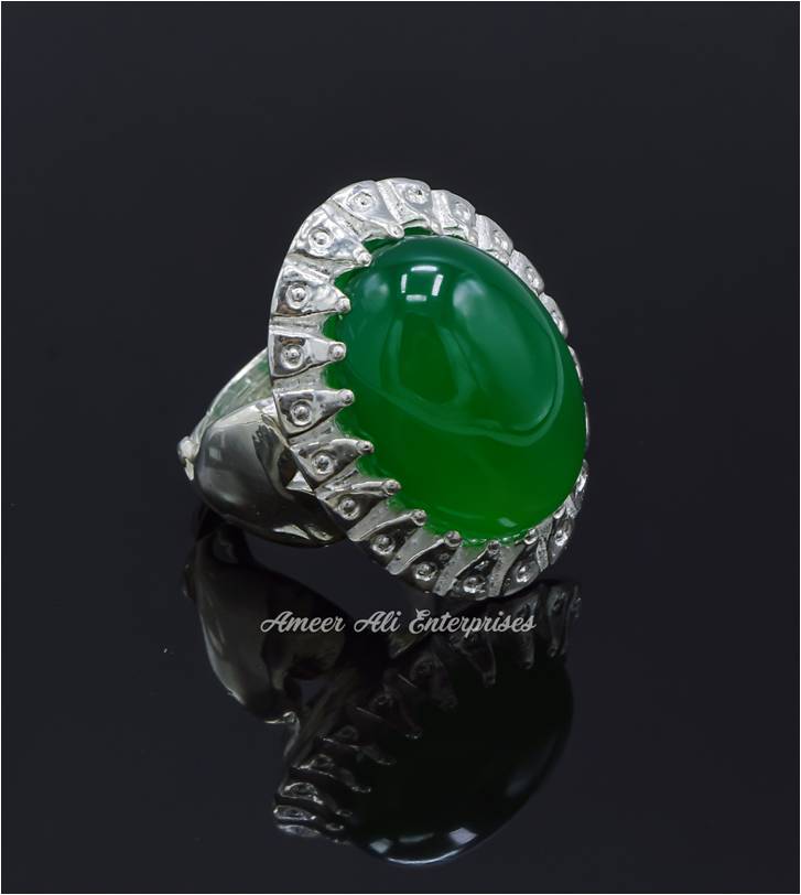 AAE 6816 CHANDI RING 925, STONE: Green Aqeeq