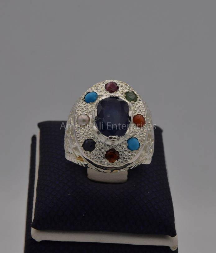 AAE 7723 Chandi Ring, Stone: Navratan (Nine Original Stones) - AmeerAliEnterprises