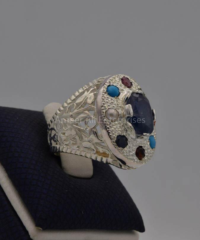AAE 7723 Chandi Ring, Stone: Navratan (Nine Original Stones) - AmeerAliEnterprises