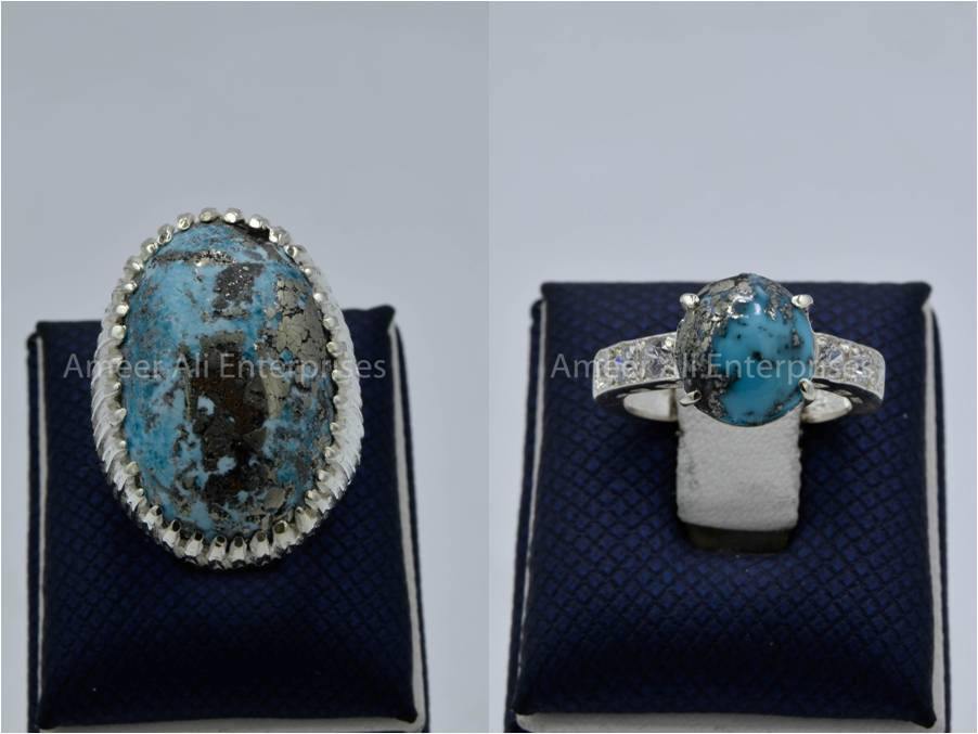 Silver Couple Rings: Pair 118,  Stone: Shajri Feroza - AmeerAliEnterprises