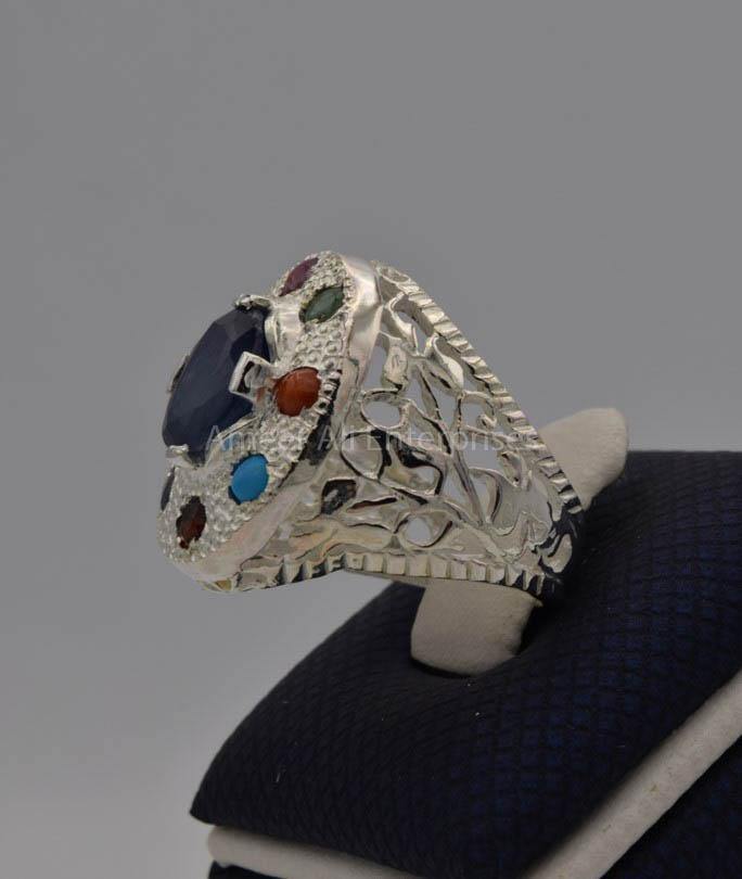 AAE 7723 Chandi Ring, Stone: Navratan (Nine Original Stones) - AmeerAliEnterprises
