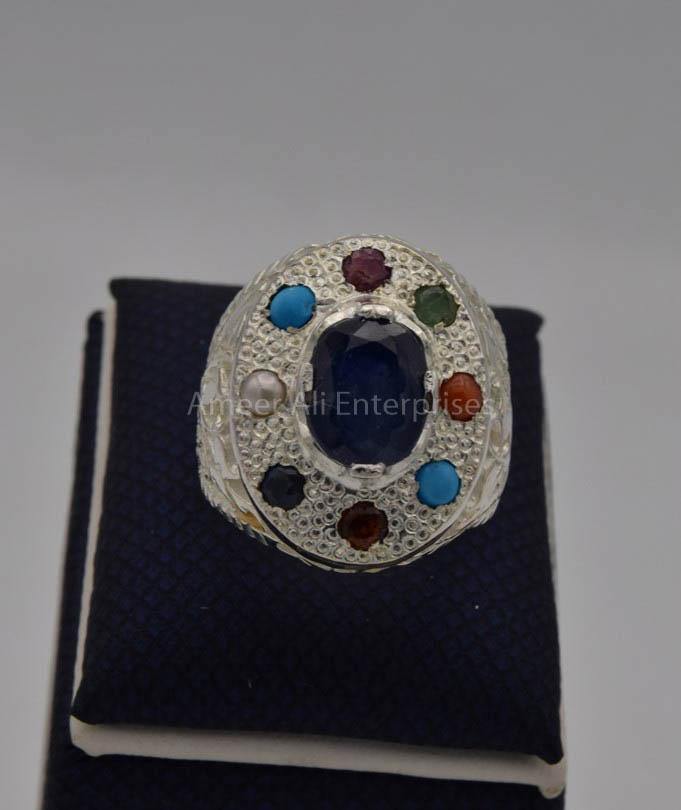 AAE 7723 Chandi Ring, Stone: Navratan (Nine Original Stones) - AmeerAliEnterprises