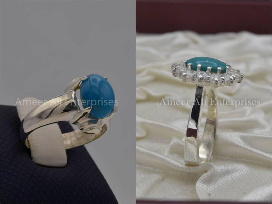 Silver Couple Rings: Pair 22,  Stone: Feroza (Turquoise) - AmeerAliEnterprises