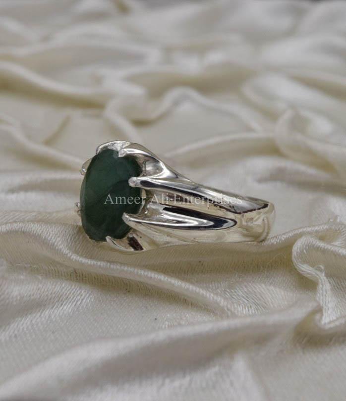 AAE 1565 Chandi Ring 925, Stone Emerald (Zamurd) - AmeerAliEnterprises
