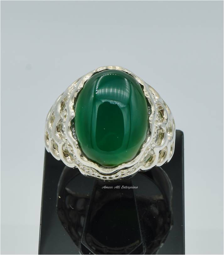 AAE 6237 Chandi Ring 925, Stone: Green Aqeeq