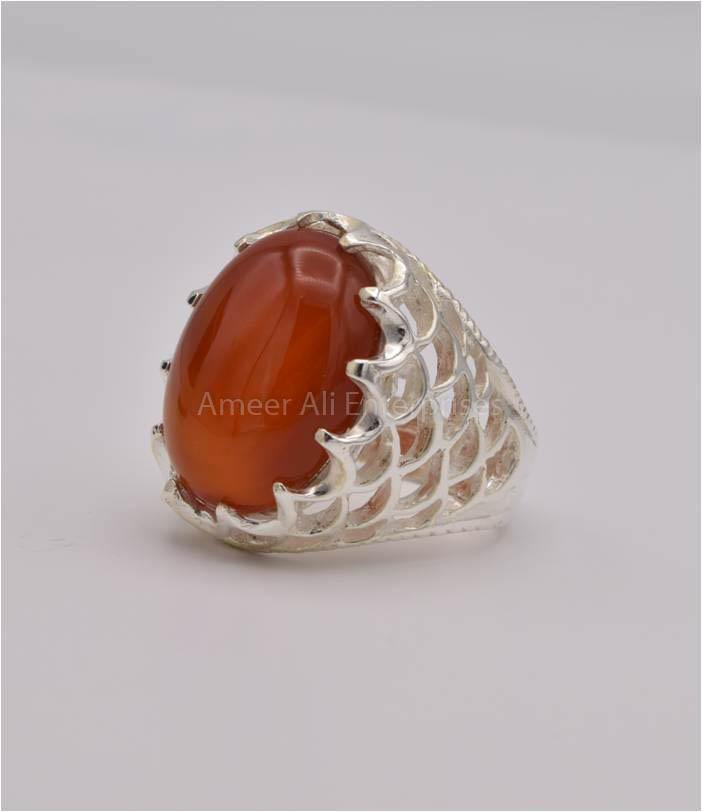 AAE 2463 Chandi Ring 925, Stone: Red Aqeeq - AmeerAliEnterprises
