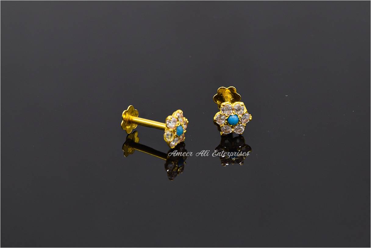 AAE 6919 Gold Ear Studs, Stone: Zircon & Feroza