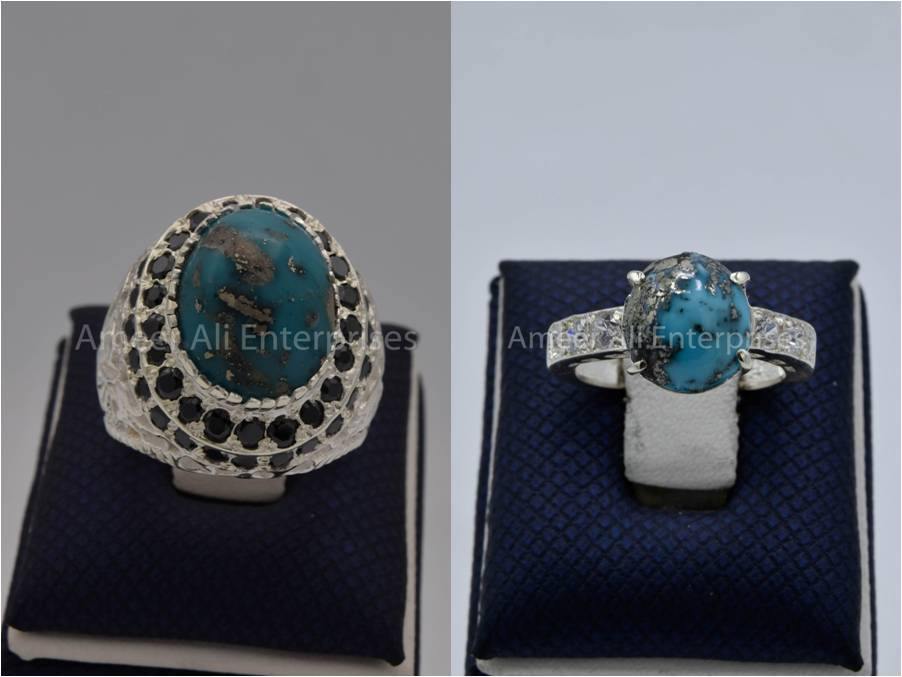 Silver Couple Rings: Pair 134,  Stone: Shajri Feroza - AmeerAliEnterprises