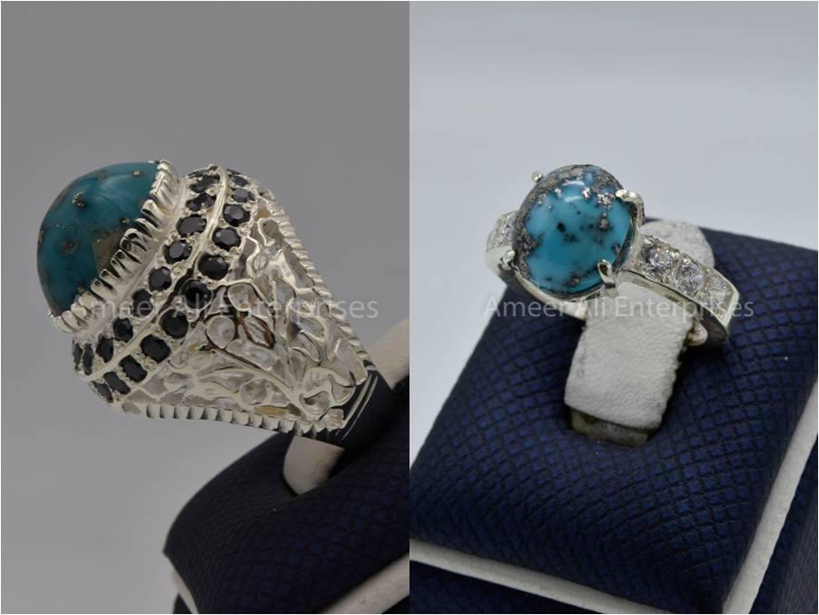 Silver Couple Rings: Pair 134,  Stone: Shajri Feroza - AmeerAliEnterprises