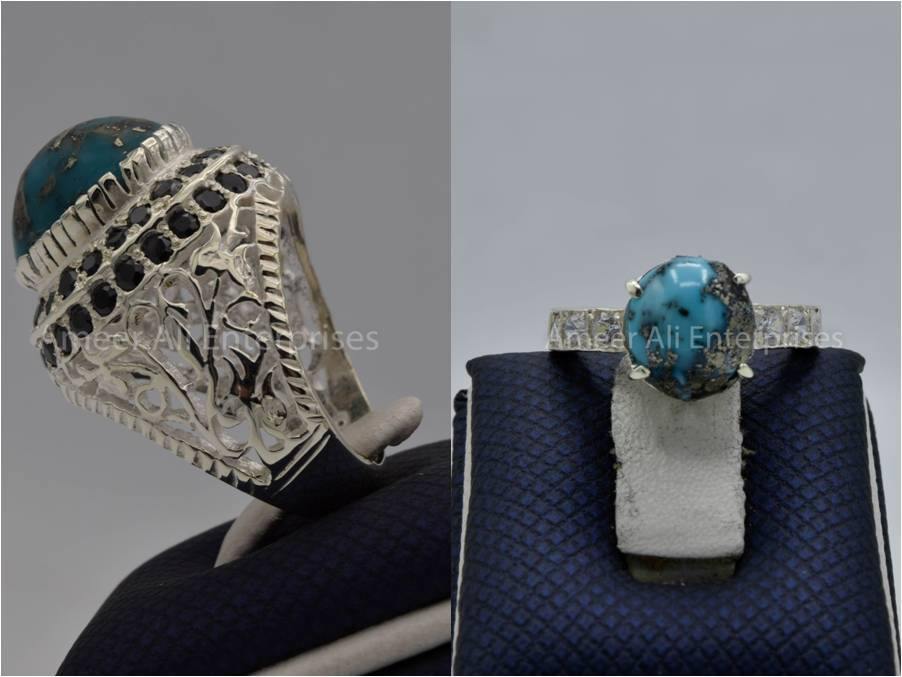 Silver Couple Rings: Pair 134,  Stone: Shajri Feroza - AmeerAliEnterprises